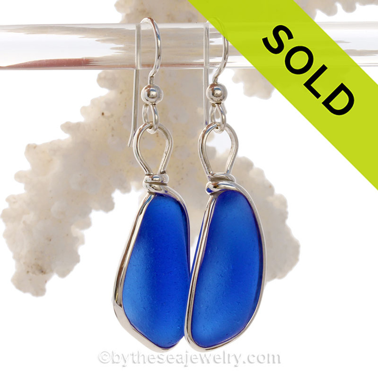 Large Genuine Beach Found Blue Sea Glass Earrings With Sterling Silver  Heart Charms SSE2231