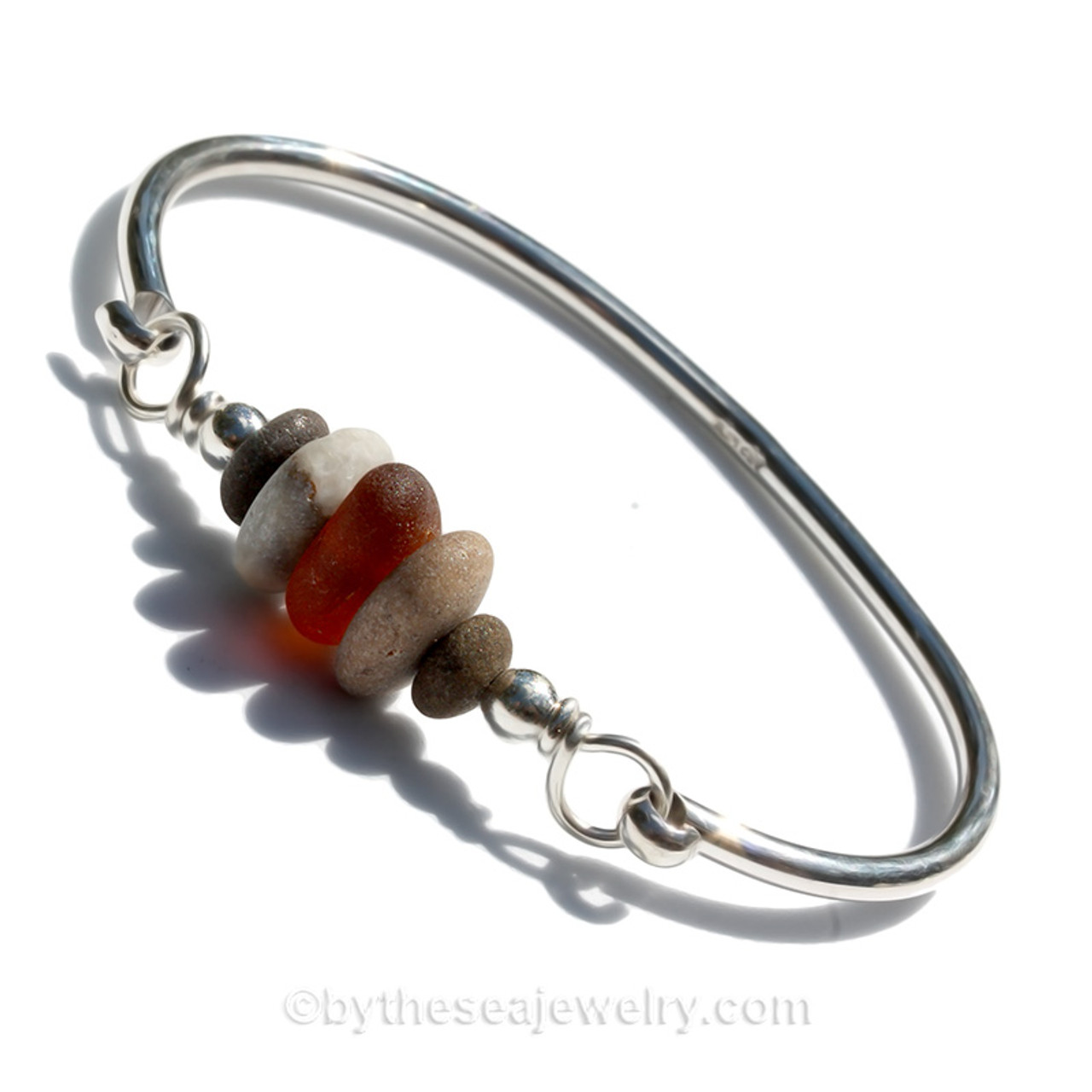 Sea Pebbles - Warm Amber Sea Glass W/ Beach Stones Premium Bangle Bracelet  (SBB22-12)