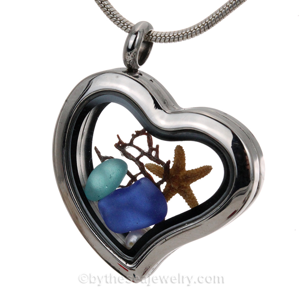 Tropical Lover - Aqua and Blue Sea Glass Heart In A Stainless Steel Heart  Locket (SSLOCK23-07)