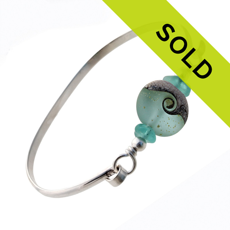 Oceanside Aqua Beach Found Sea Glass Bangle Bracelet W/ Handmade Bead