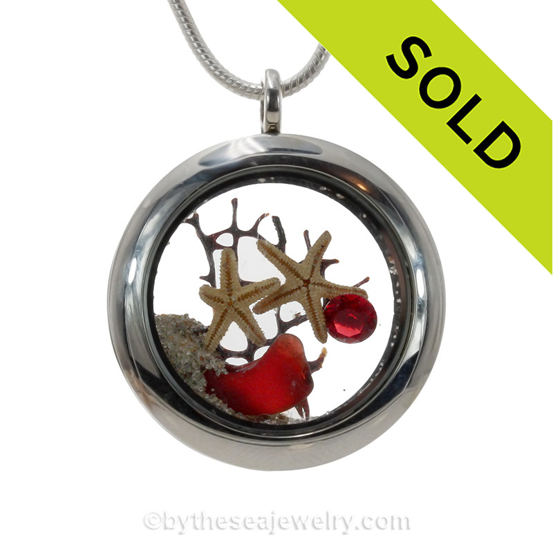 July By The Sea Genuine Rare Red Sea Glass Locket With Starfish