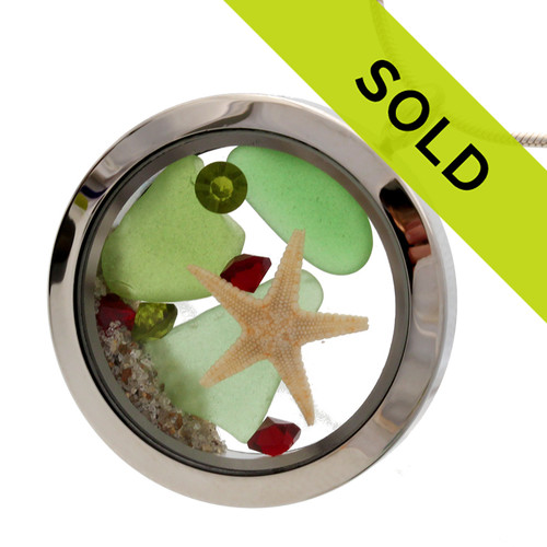 Holiday At Home -  Green Sea Glass With Starfish & Gemstone Locket
