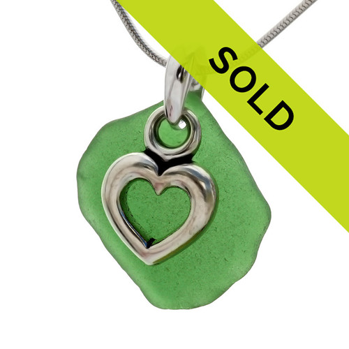 Green sea glass necklace with heart charm