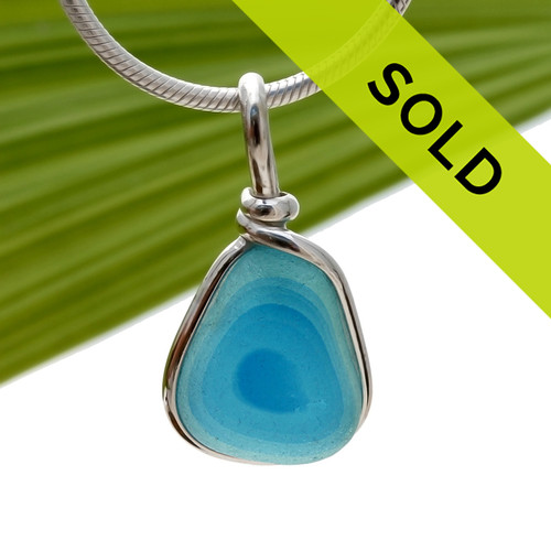 Petite Aqua Echo Multi Sea Glass Necklace Pendant In S/S Original Wire Bezel©