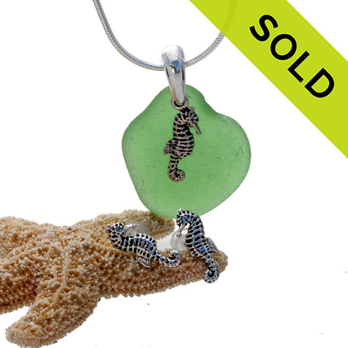 Vivid green sea glass is combined with a solid sterling bail and seahorse sterling charms in this lovely sea glass set.
SOLD - Sorry this Sea Glass Set is NO LONGER AVAILABLE!