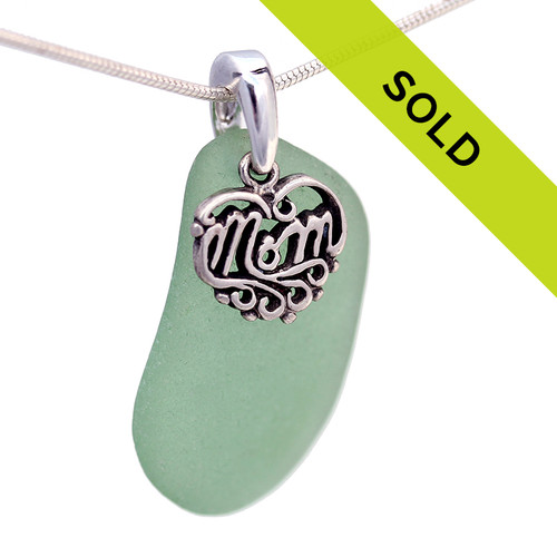 Sea Charmed - Seafoam Green Sea Glass & Sterling MOM Heart Charm