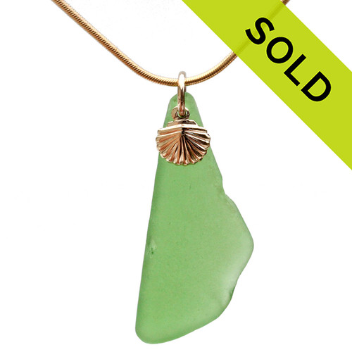 Long Green Sea Glass With 14K Goldfilled Shell Charm - 14K G/F CHAIN INCLUDED