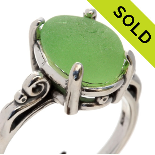 A natural UNALTERED pure bright yellowy lime green sea glass piece set in a sterling silver scroll ring.
SOLD - Sorry This Sea Glass Ring Is NO LONGER AVAILABLE!