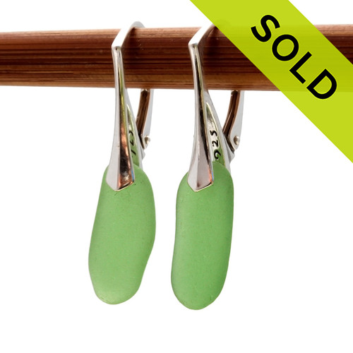 Bright green genuine sea glass pieces shaped only by the sea, sand and time are suspended on solid sterling leverback earrings.
SOLD - Sorry This Sea Glass Jewelry Selection Is NO LONGER AVAILABLE!