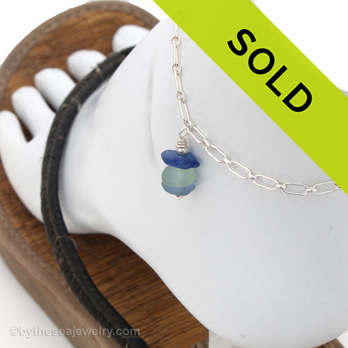 A simple mixed blue and aqua sea glass anklet for your beach trips this summer.
Solid Sterling soldered chain with soldered utility links ensure this piece will remain with you always!

Sorry this Sea Glass Jewelry selection has been sold!