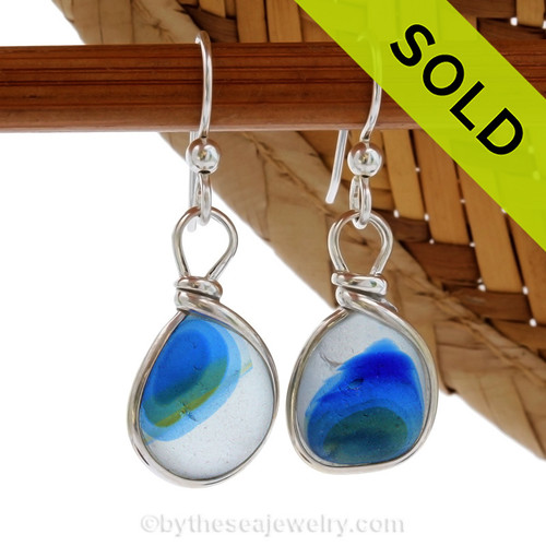 A great match in my English Multi Sea Glass Earrings in a tri color vivid mixed Blue & Green set in our Original Wire Bezel© setting in silver. Sorry this sea glass jewelry selection has been sold!