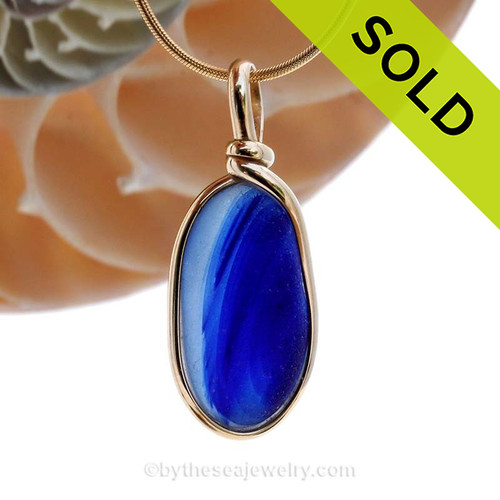 Stunning Light & Vivid Blue Mixed English Sea Glass In Gold Wire Bezel© Necklace Pendant