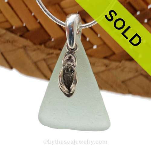 Perfect Seafoam Green sea glass necklace set on a solid sterling cast bail with a sterling silver Flip Flop charm.