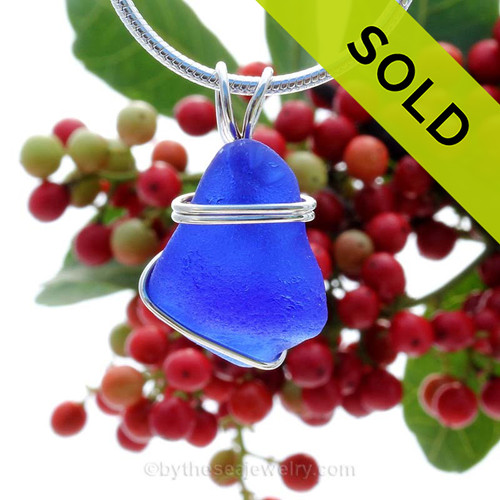 Vivid Cobalt Blue  sea glass set in our basic Beach Solid sterling setting. A great pendant for any necklace!
Sorry this Sea Glass Necklace has been SOLD!~