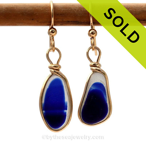 ULTRA RARE Multi Flashed Blue Genuine Sea Glass In Gold Wire Bezel© Earrings