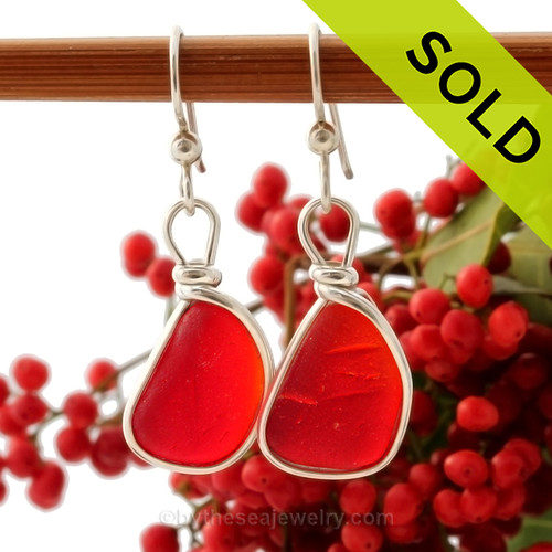  Vivid Bright Red Sea Glass Earrings set in our Original Wire Bezel© in silver.
Sorry this Ultra Rare Sea Glass Jewelry selection has been SOLD!