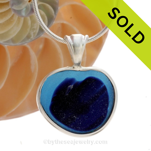 Multi Lovers - H-U-G-E Once In A Lifetime End Of Day Blue Natural Sea Glass Heart In Deluxe Sterling Bezel© Necklace Pendant
