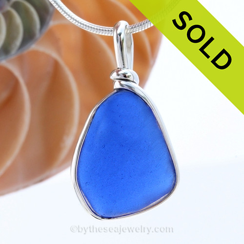 Curved Cobalt Blue Genuine Sea Glass Pendant In S/S Original Wire Bezel© Pendant