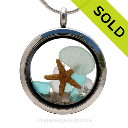 Diamond Shoals - Genuine  Seafoam Sea Glass, Starfish & Aqua and White Chips With CZ Diamond