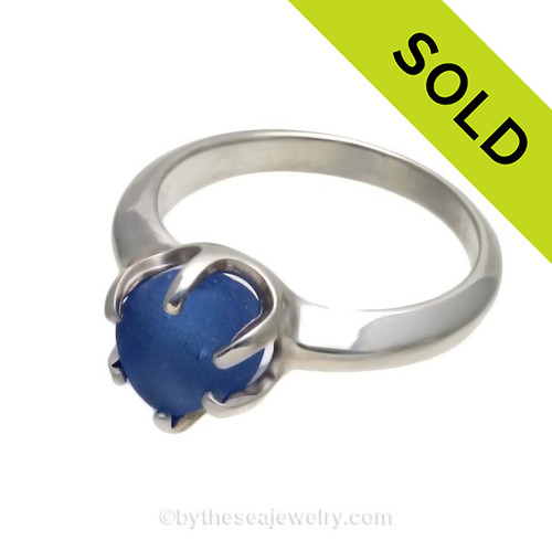 Medium Blue English Sea Glass Ring in Solid Sterling Silver