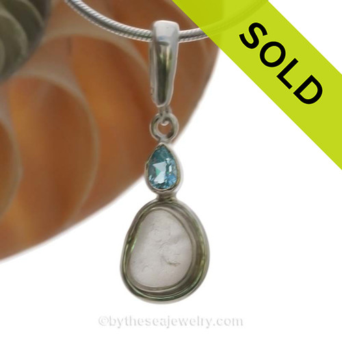 Limited Edition - Classically Set White Sea Glass Necklace In Sterling With Blue Topaz