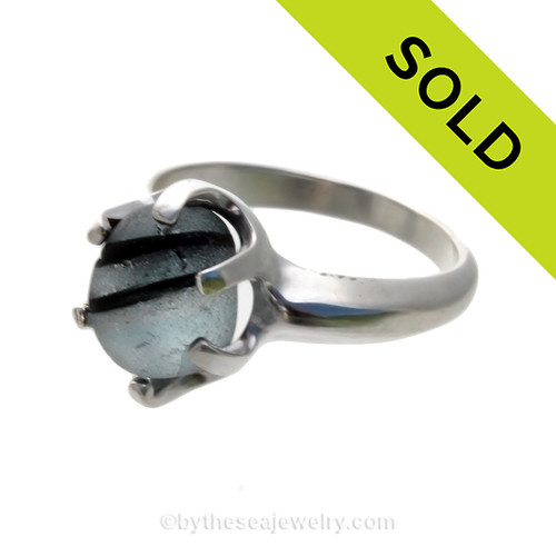 Black and White Cross Sectioned English Sea Glass Ring in 6 Prong Sterling Silver Setting