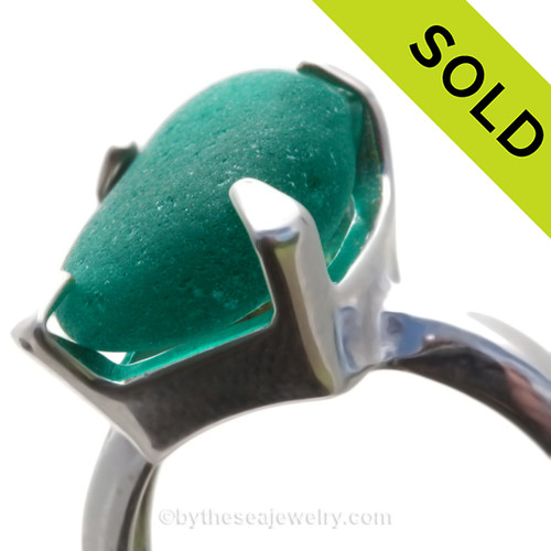 Vivid Long and large slice of Electric Teal or Turquoise in a 4 prong sterling silver ring.
SOLD - Sorry this Sea Glass Ring is NO LONGER AVAILABLE!