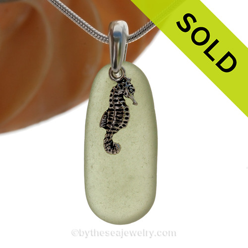 Pale Peridot Green Sea Glass Necklace with Beach found sea glass and sterling Seahorse Charm and Solid Sterling Silver Snake chain.