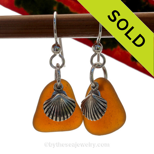 Bright Honey Brown Perfect Sea Glass Earrings W/ Solid Sterling Sea Shell Charms