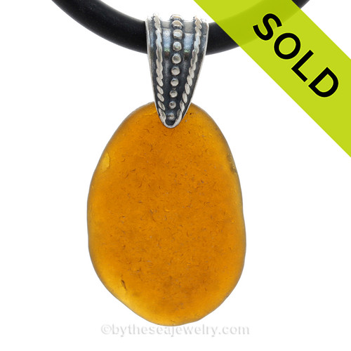  Vivid Amber Brown Natural Sea Glass Necklace Set On Silver Bail With 3MM Black Neoprene Cord 