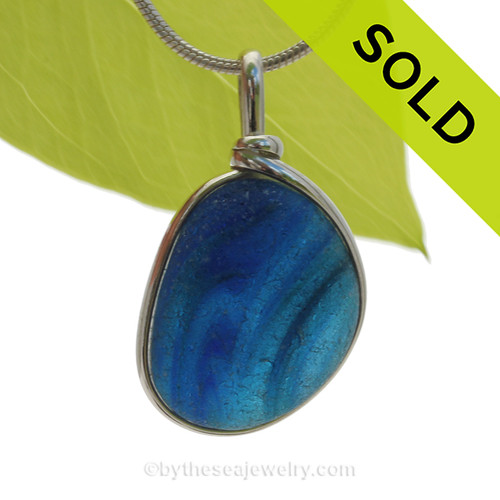 Spring  Tidelines - ULTRA RARE Large Blue Multi Sea Glass Necklace Pendant In S/S Original Wire Bezel© 
SOLD - Sorry this Rare Sea Glass Pendant is NO LONGER AVAILABLE!