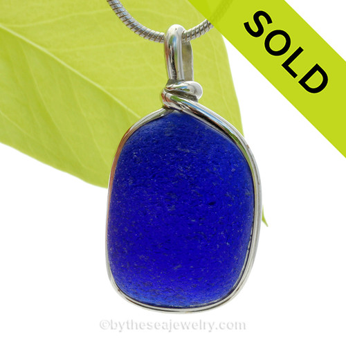 VERY THICK Electric Cobalt Blue English Sea Glass Pendant In Sterling Original Wire Bezel©