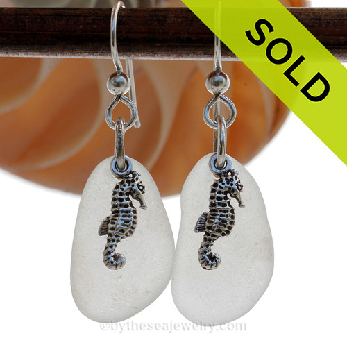 Winter Pure White Genuine Sea Glass Earrings W/ Sterling Seahorse Charms