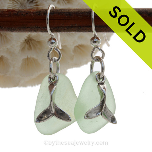 Sea Charmed - Yellowy Green Green Sea Glass Earrings W/ Sterling Whale Tail Charms