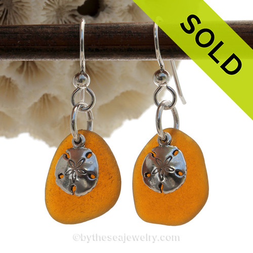  Honey Brown Perfect Sea Glass Earrings W/ Solid Sterling Sandollar Charms
