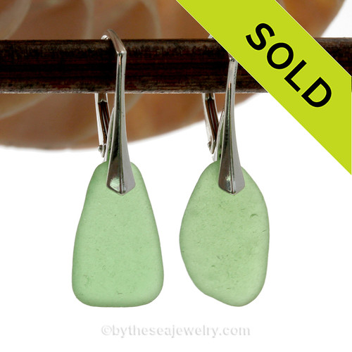 Simply Elegant- Green Genuine Sea Glass On Solid Sterling Silver Leverback Earring