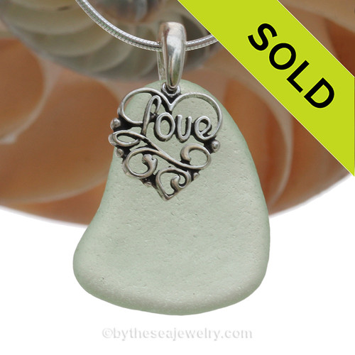 Sea Green Sea Green Sea Glass Necklace With Sterling Heart LOVE Charm - 18" Solid Sterling Chain INCLUDED
