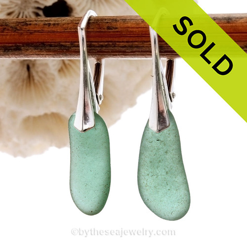 Simply Elegant - Perfect Warm Unusual Green Genuine Sea Glass On Solid Sterling Silver Leverback Earrings 