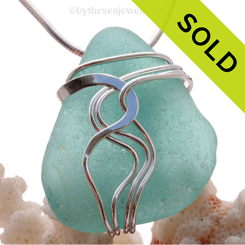 HUGE Vivid Aqua Green Sea Glass Sterling Waves© Signature Sterling Setting Pendant