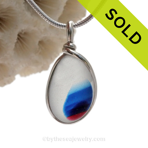 Patriot Parade -  Petite Mixed Pink & Blue English Art Sea Glass In Sterling Original Wire Bezel©