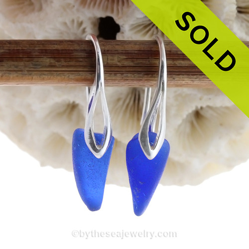 Small Triangles of Beach Found Cobalt Blue Sea Glass Earrings On Silver Silver Deco Hooks