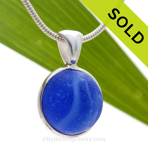 Water World - Genuine Vivid Blue Beach Found Seaglass Marble In Deluxe Wire Bezel© Necklace Pendant