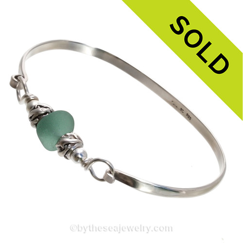 Tropical Aqua Green Sea Glass Sterling Bangle Bracelet W/ Dolphin Beads