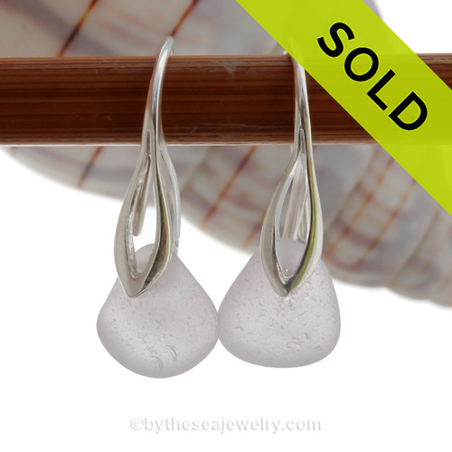 Genuine Pale Lavender Sea Glass Earrings on Solid Sterling Deco Hooks