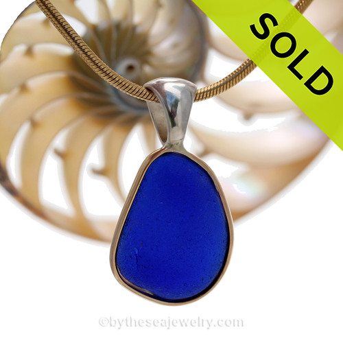 Heavily Saturated Cobalt Blue Sea Glass In Tiffany Deluxe Wire Bezel© Necklace Pendant