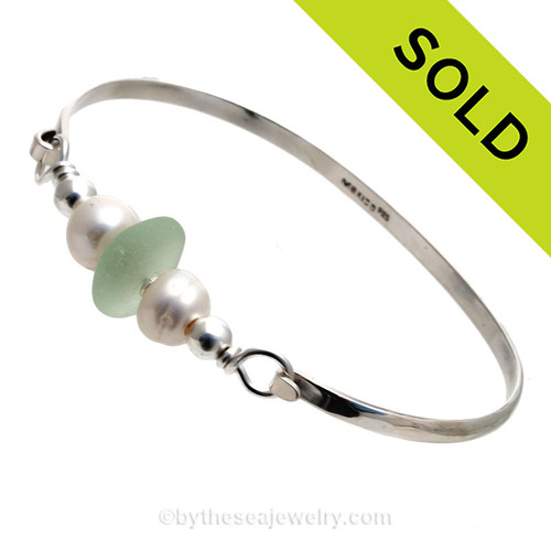 Fresh Sea Green Seaham Sea Glass Premium Bangle Bracelet In Solid Sterling With Real Pearls