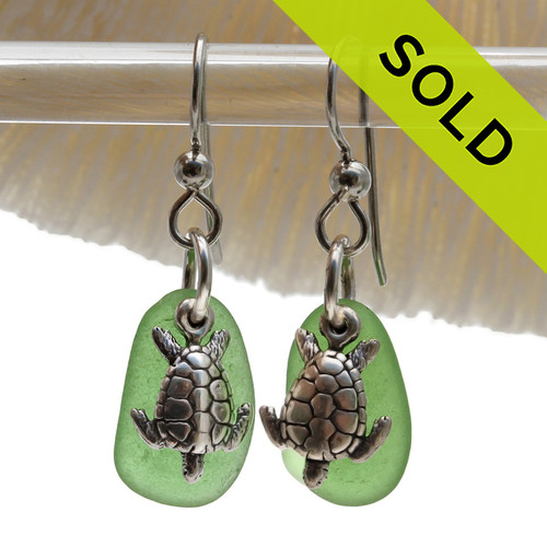 Fresh Green Sea Glass Earrings W/ Solid Sterling Sea Turtle Charms