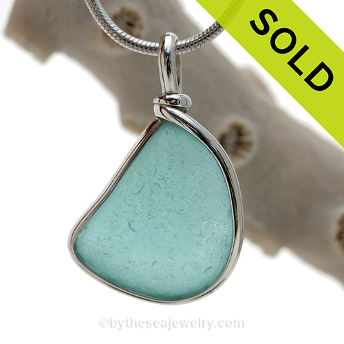 Triangle of Aquamarine Genuine Sea Glass Original Wire Bezel© Pendant in Sterling Silver