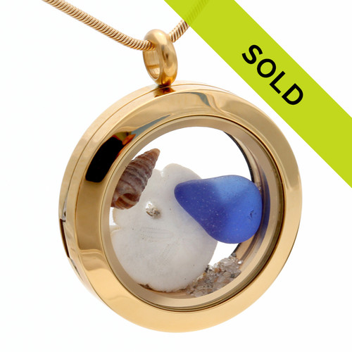 Blue Sea Glass Sandollar & Shell In Gold Locket