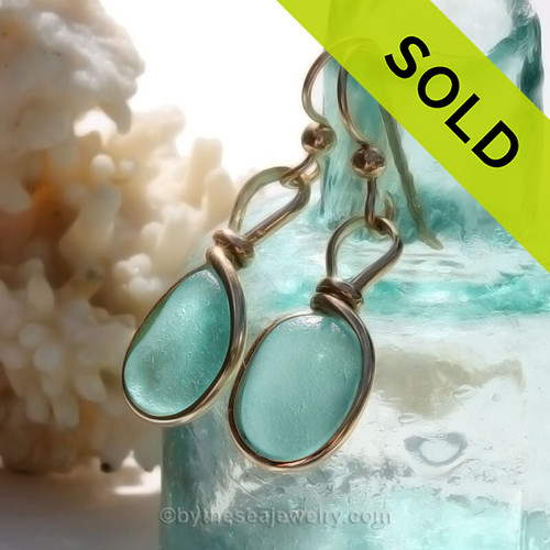 Thick Smaller Aqua blue beach found Sea Glass Earrings set in our signature Original Wire Bezel© setting in gold.